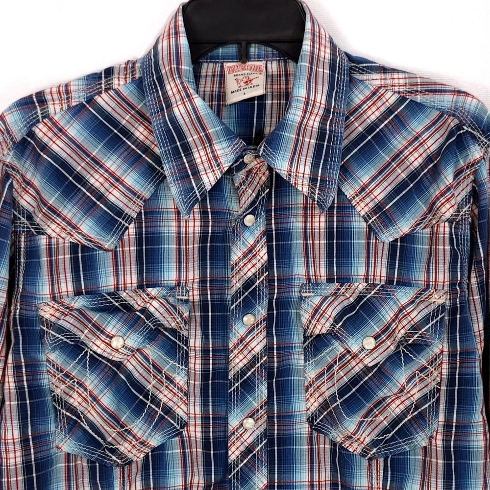 True Religion Long Sleeve Pearl Snap Shirt Mens Large Western Plaid Cowboy